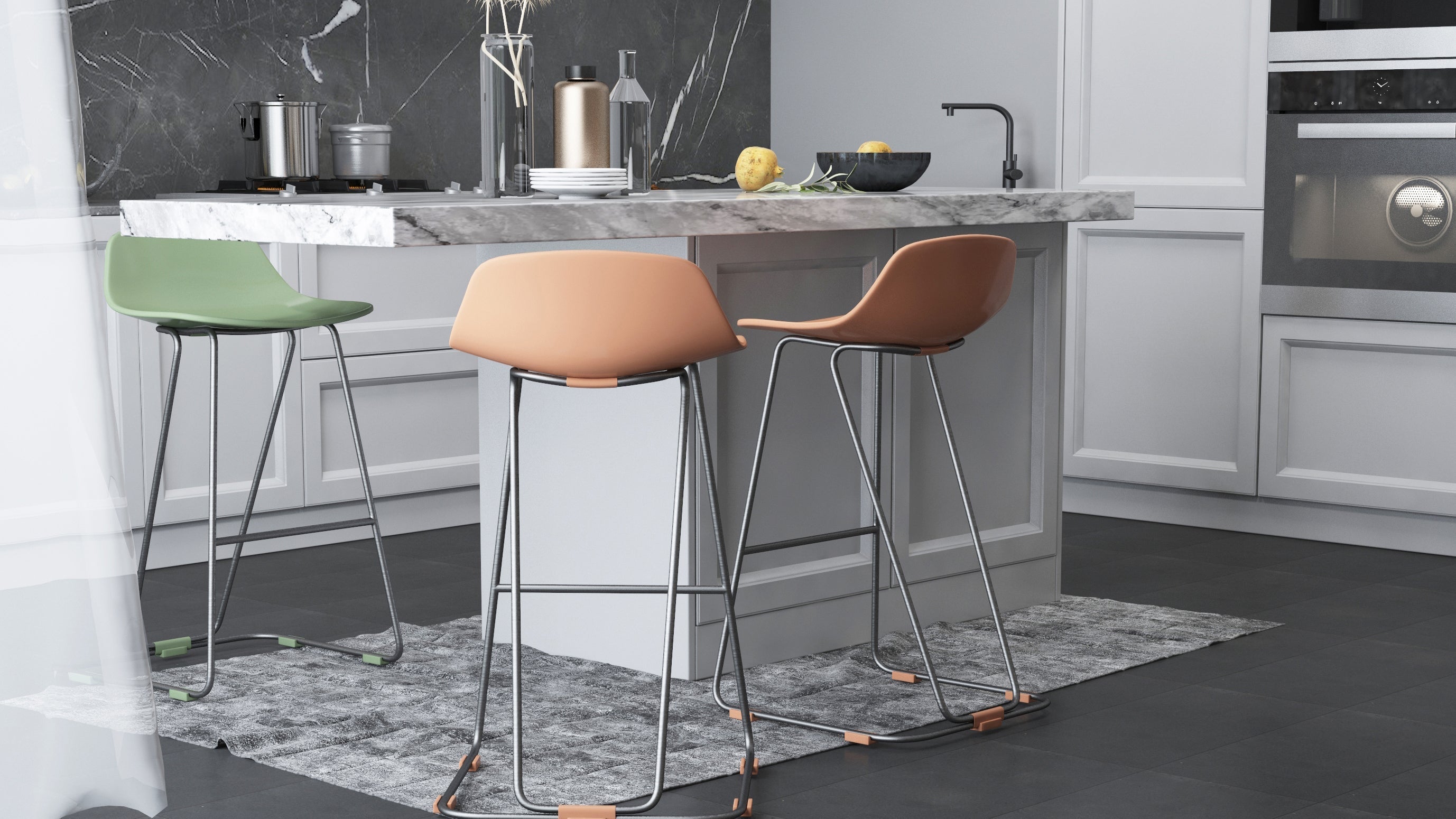  Modern kitchen island with marble countertop and colorful bar stools.