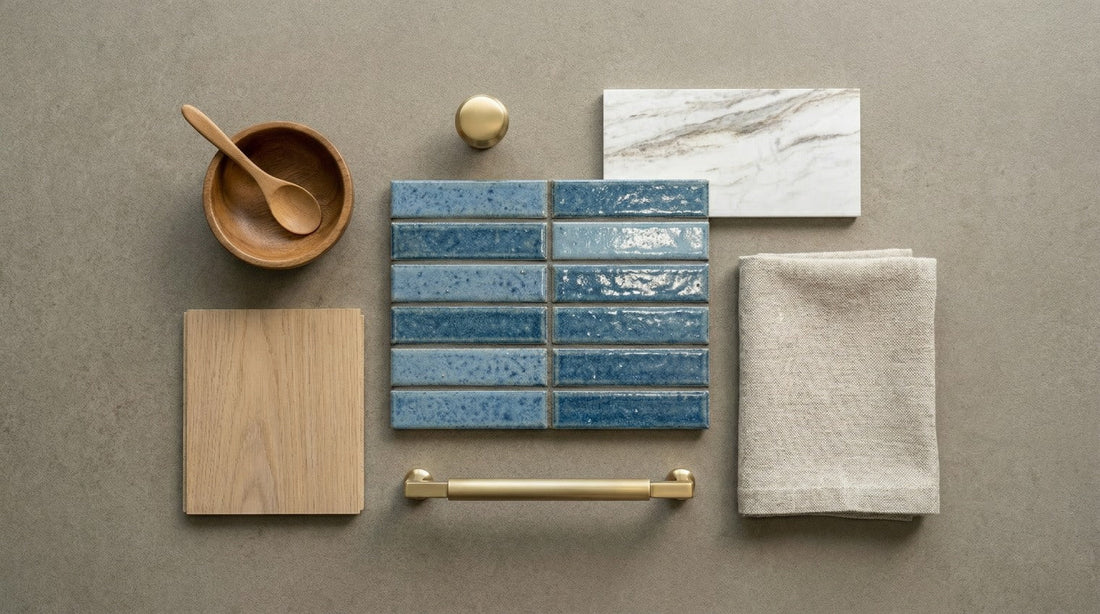 Flat lay of bathroom tiles, wood sample, brass handle, fabric swatch
