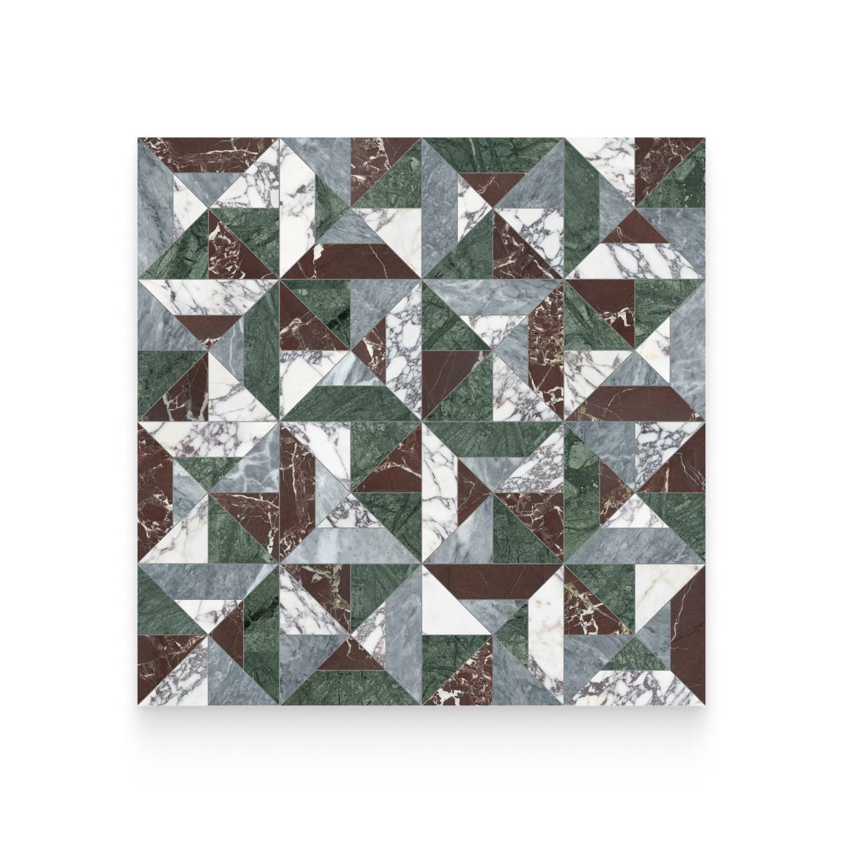 An intricate geometric mosaic floor layout composed of multi-colored marble triangles in shades of green, dark red, gray, and veined white.