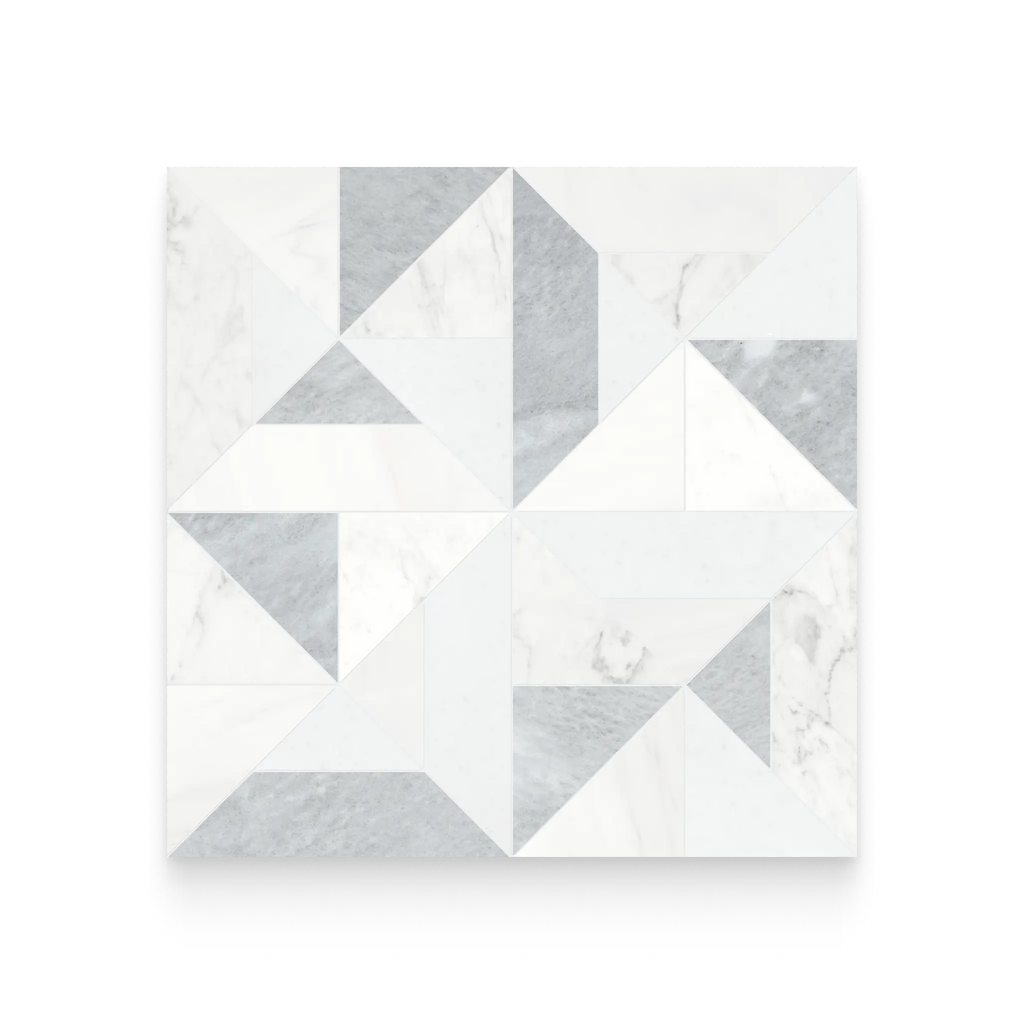 Geometric patterned rug with triangles on a white background