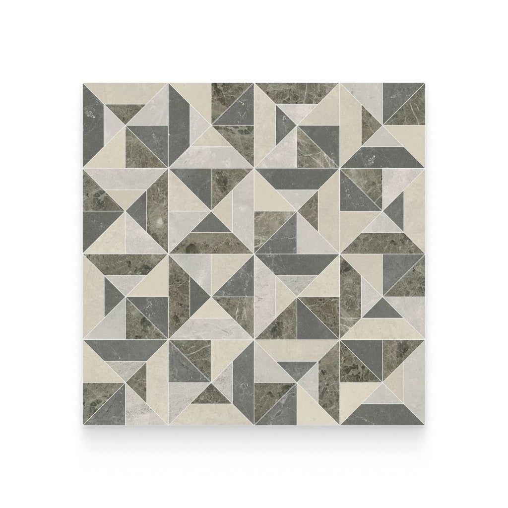 An intricate geometric mosaic floor layout composed of neutral-toned marble triangles in shades of beige, gray, and dark taupe.