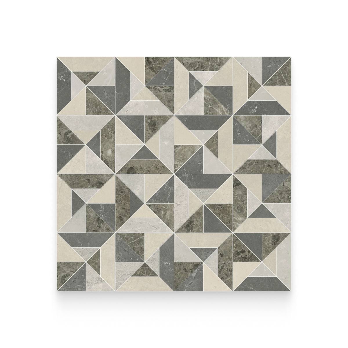 An intricate geometric mosaic floor layout composed of neutral-toned marble triangles in shades of beige, gray, and dark taupe.