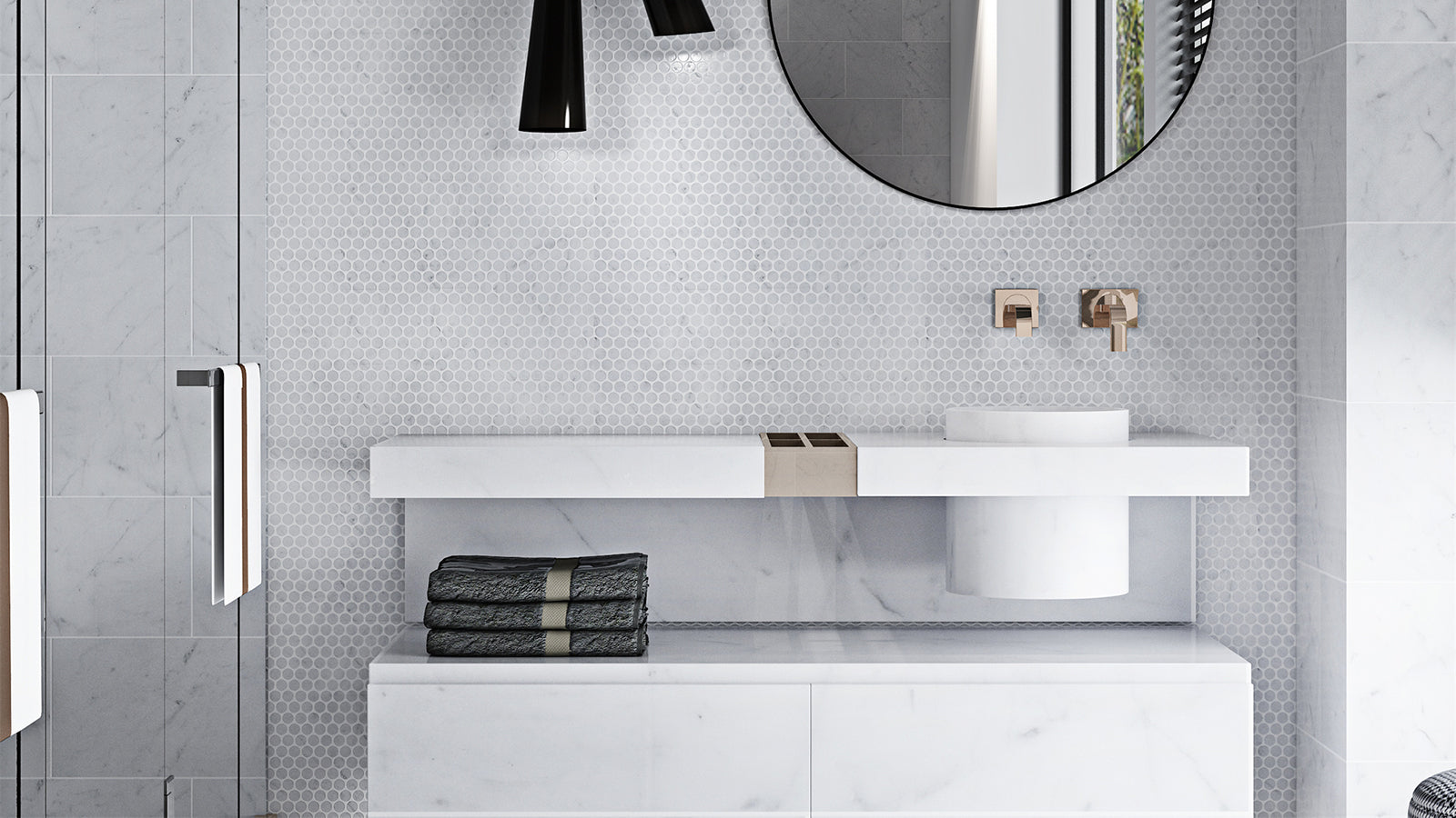 1x2 Carrara White Honed Black Dot Basketweave Mosaic – Stone