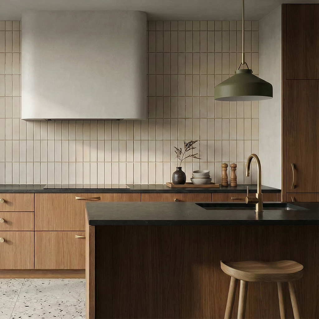 Modern kitchen design with a cream-colored kit-kat tile backsplash, warm wood cabinetry, and terrazzo flooring.