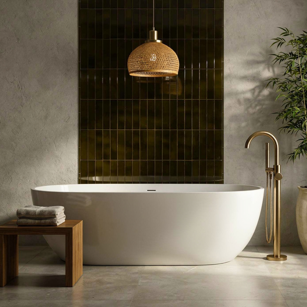 A white freestanding bathtub with a gold floor-mounted faucet beneath a woven pendant light, set against a dark green tiled accent wall.