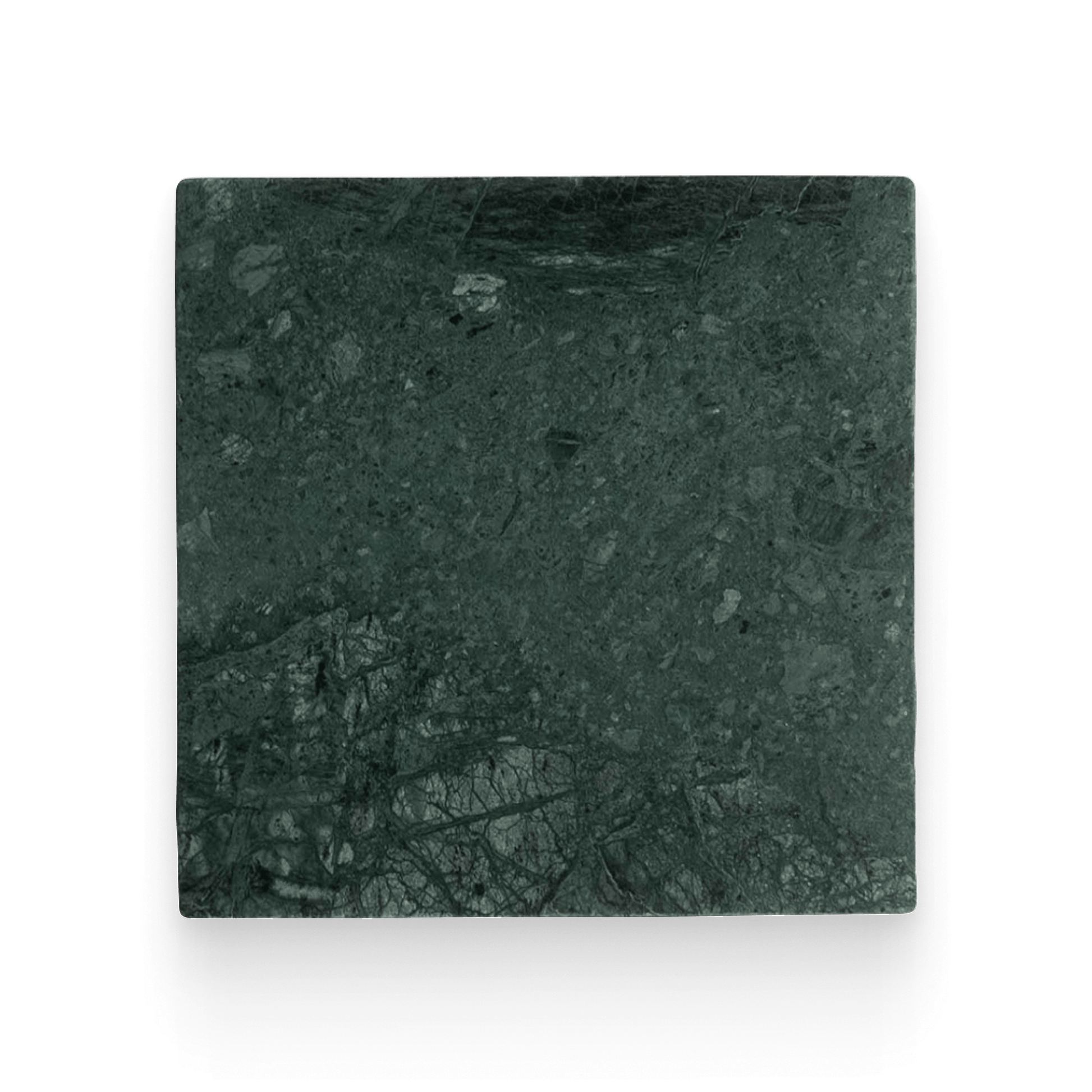 Square piece of dark green stone on a white background