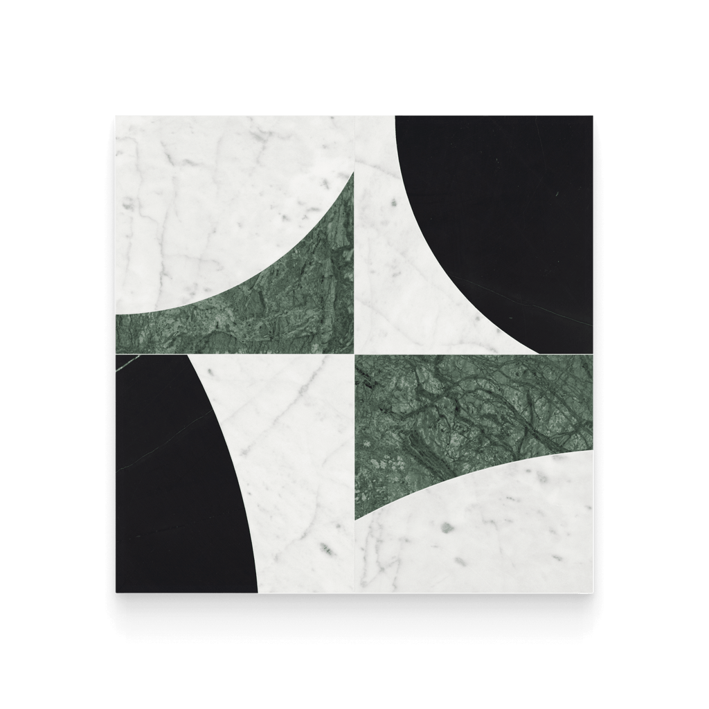 Marble-patterned tile with green and black design on a white background