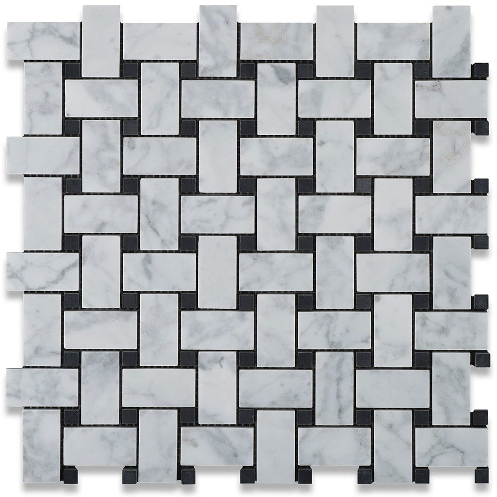1x2 Carrara White Honed Black Dot Basketweave Mosaic
