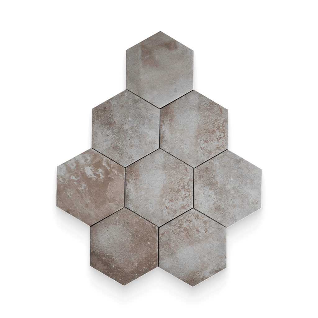 Hexagonal tiles with a rustic finish on a white background