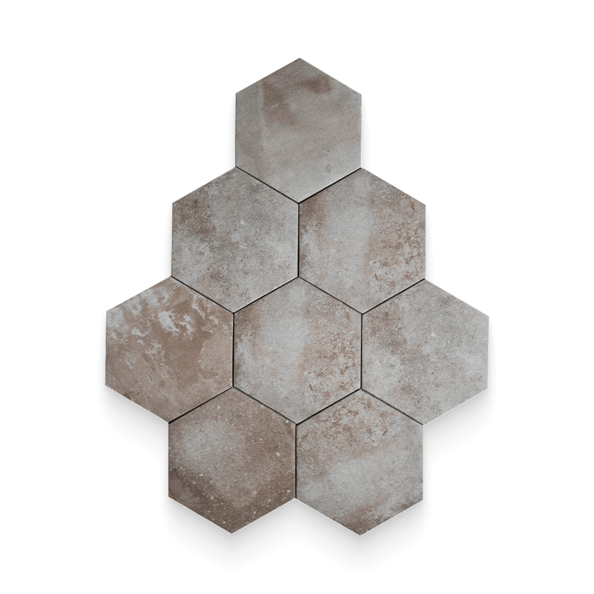 Hexagonal tiles with a rustic finish on a white background