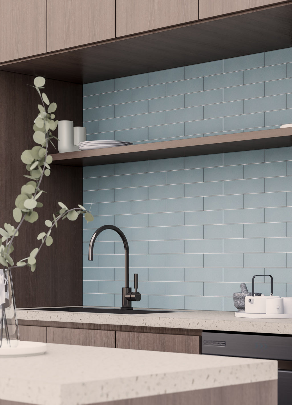 Modern kitchen featuring a light blue subway tile backsplash, dark wood cabinets, and a matte black faucet.